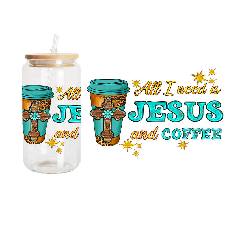 Jesus And Coffee / UV DTF Transfer 6” Width 4” Height (GG-6)