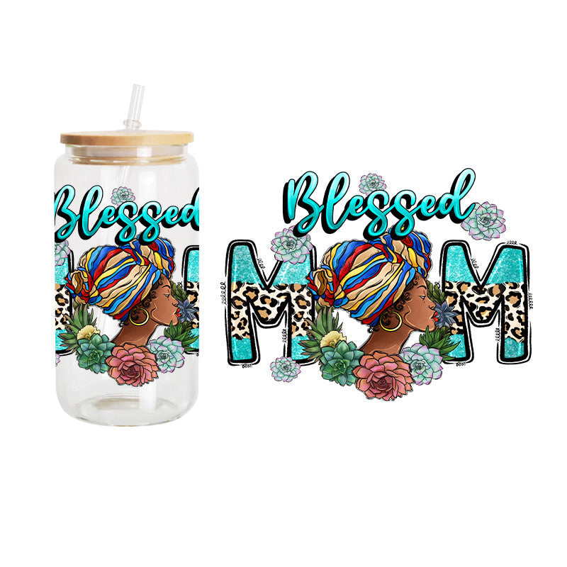 Blessed Mom Aqua / UV DTF Transfer 6” Width 4” Height (EE-11)